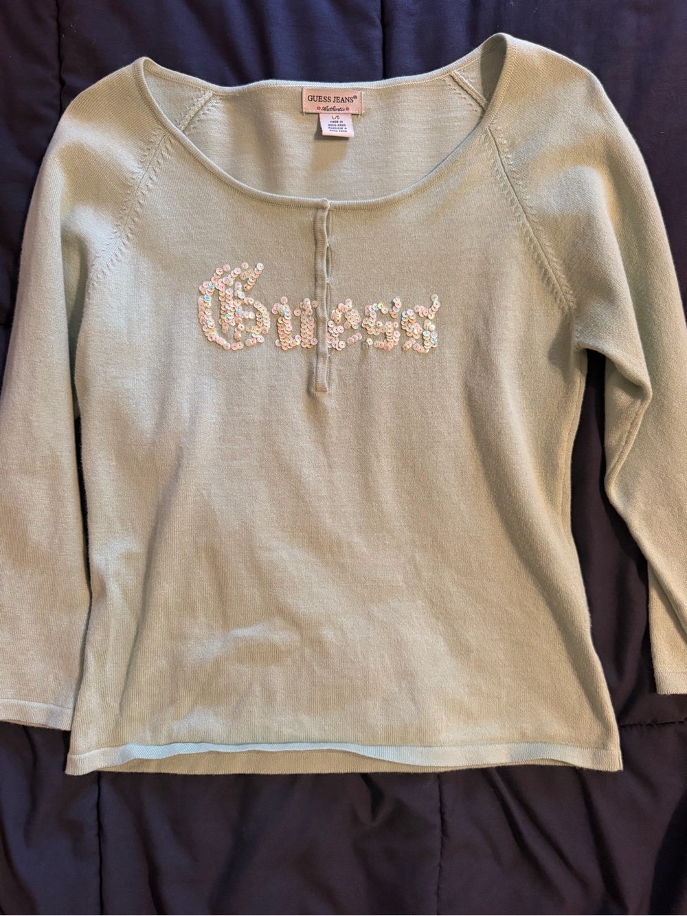 Guess Light Green (Mint) Sequin Logo Scoop Neck Sweater Y2K